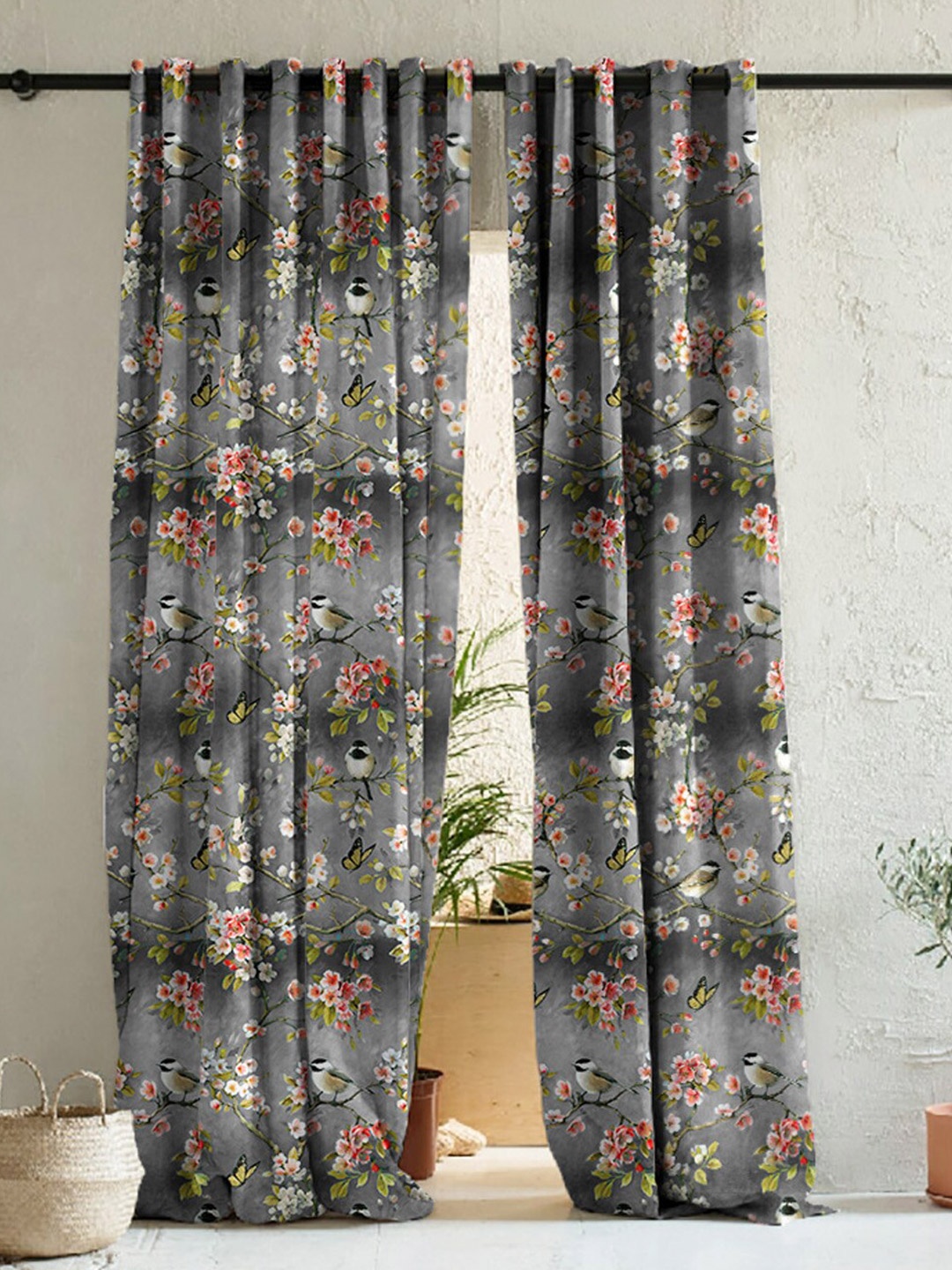 

SPACES Grey & White 2 Pieces Floral Room Darkening Long Door Curtains