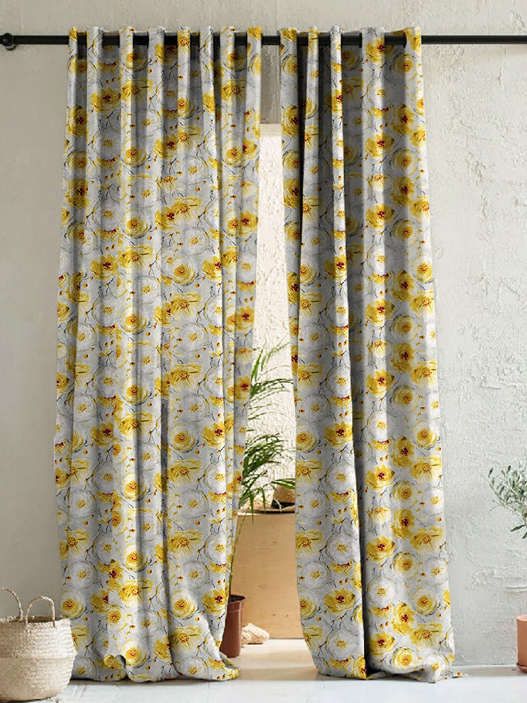 

SPACES 2 Pcs Grey & Yellow Floral Room Darkening Door Curtain