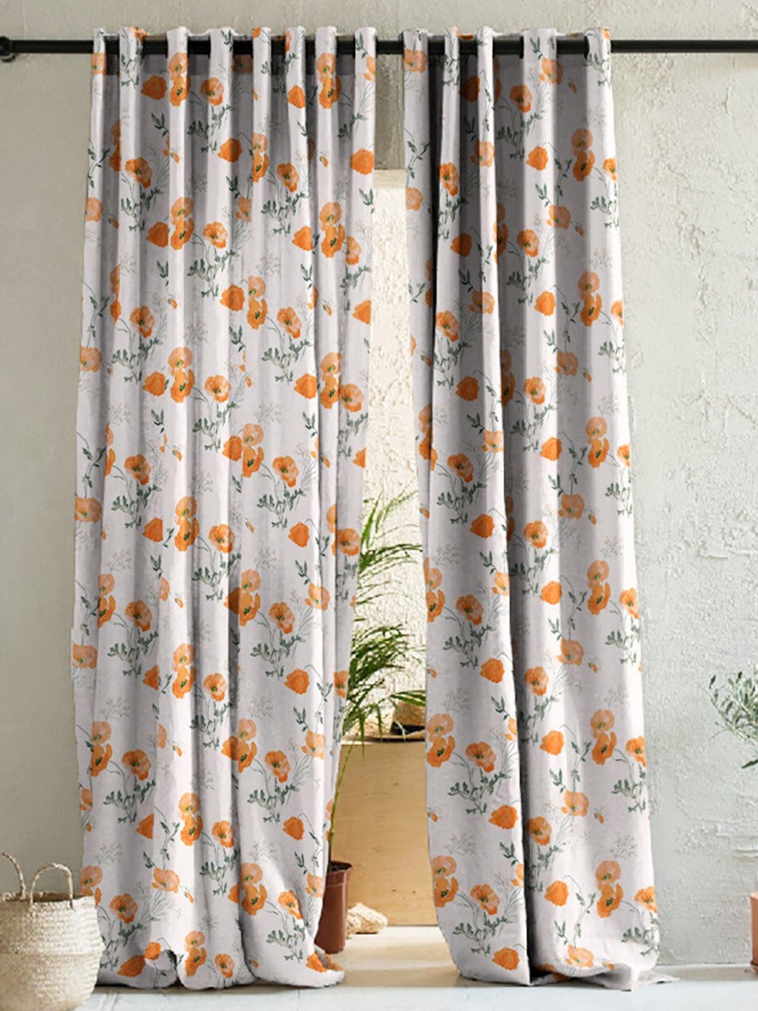 

SPACES 2 Pcs White & Orange Floral Room Darkening Door Curtain