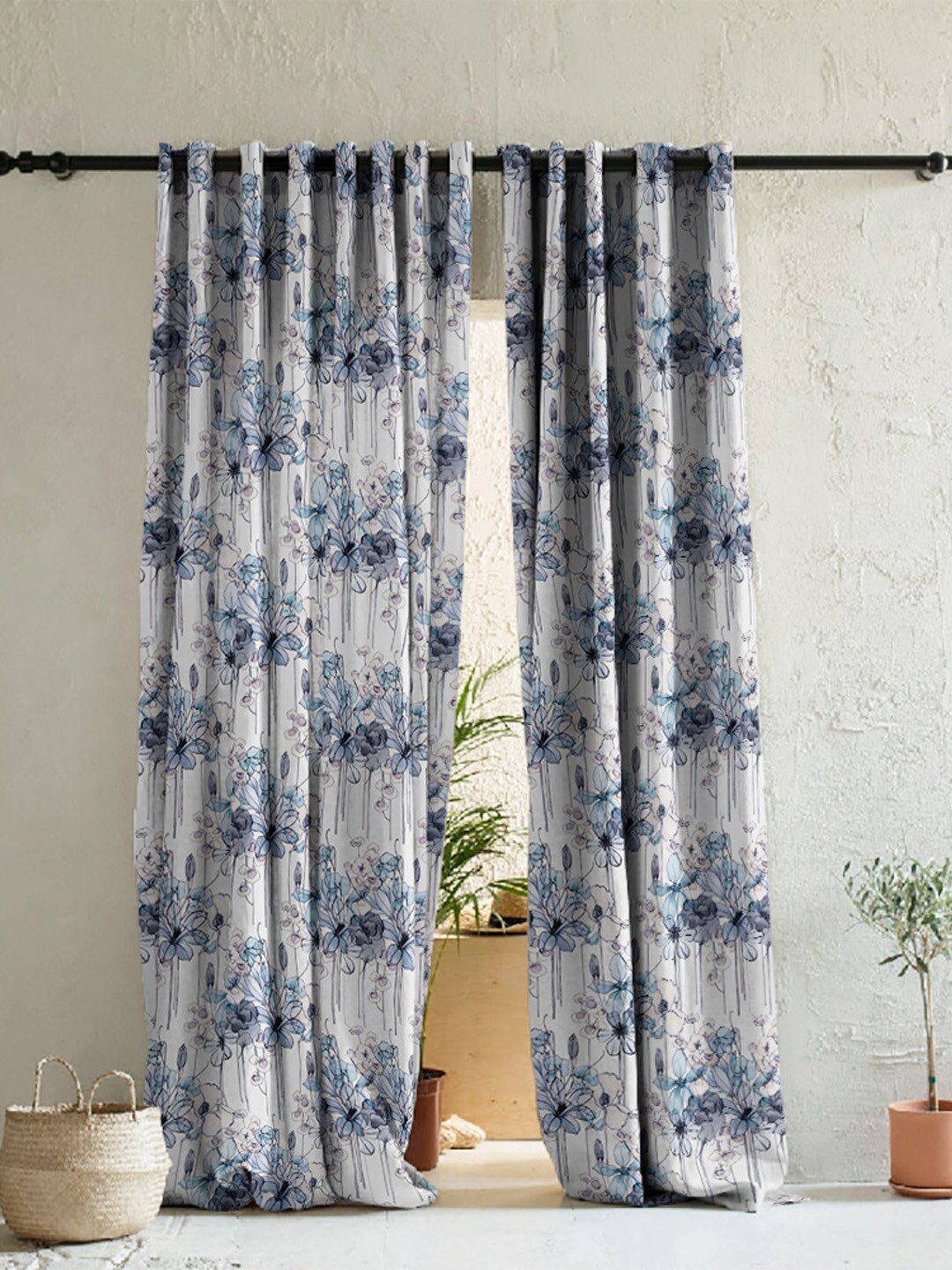 

SPACES White & Blue 2 Pieces Floral Room Darkening Door Curtains