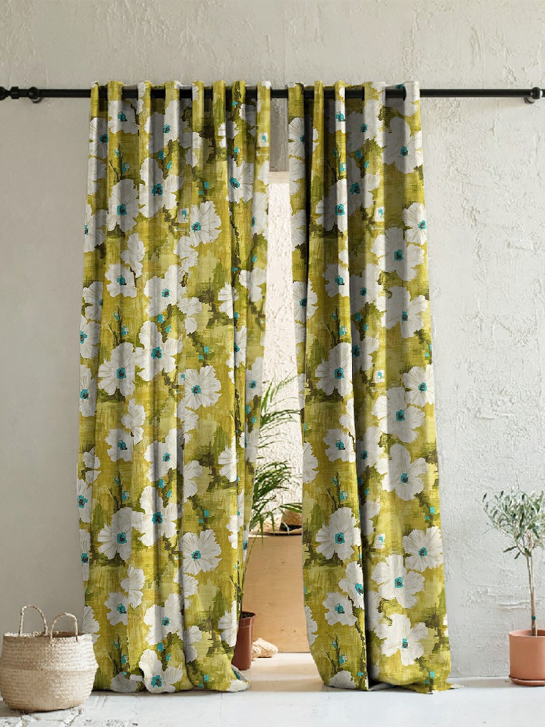 

SPACES Green 2 Pieces Floral Printed Room Darkening Long Door Curtain