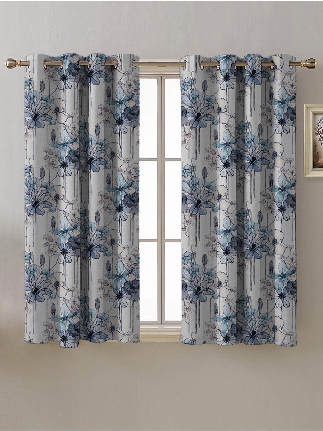 

SPACES 2 Pcs White & Blue Floral Room Darkening Window Curtain