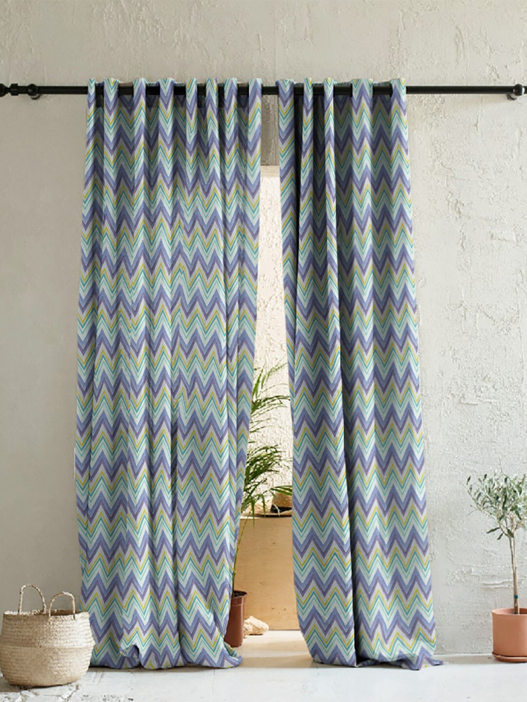 

SPACES Green & Blue 2 Pieces Geometric Room Darkening Long Door Curtains