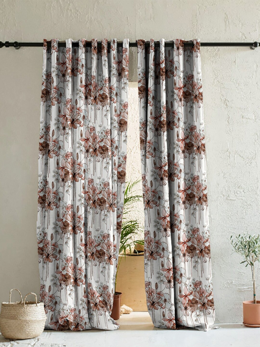 

SPACES 2 Pcs White & Brown Floral Room Darkening Long Door Curtain