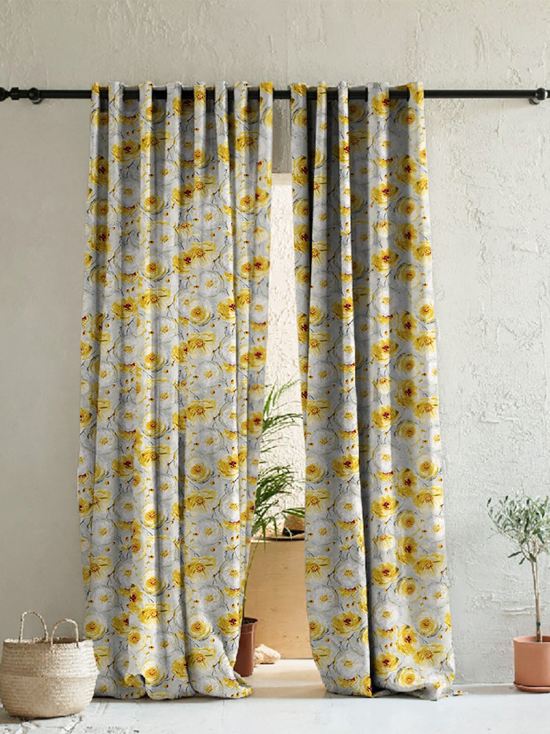 

SPACES Yellow & Grey 2 Pieces Floral Room Darkening Long Door Curtains
