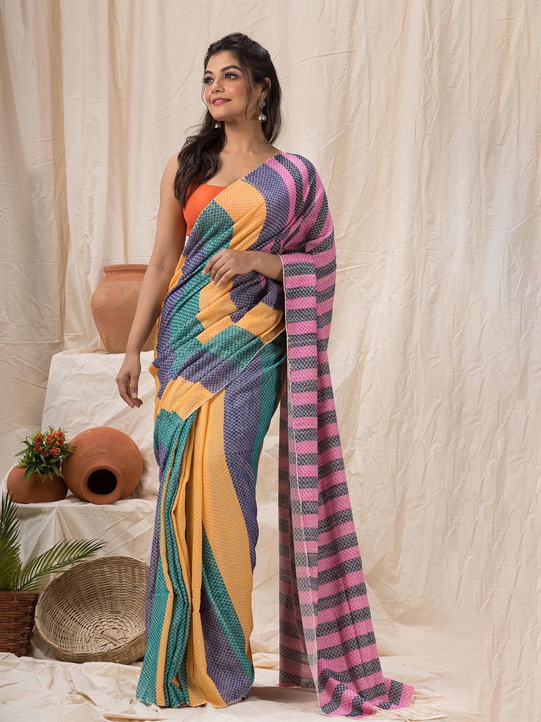 

Angoshobha Striped Pure Cotton Saree, Teal