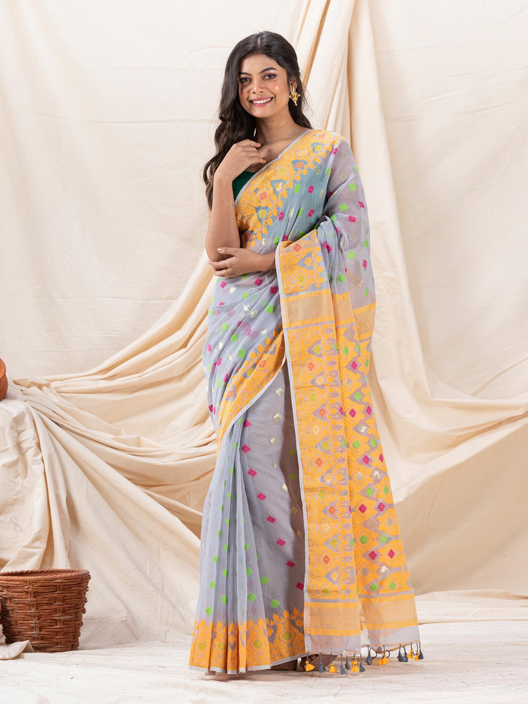 

Angoshobha Ethnic Motifs Woven Design Jamdani Saree, Blue