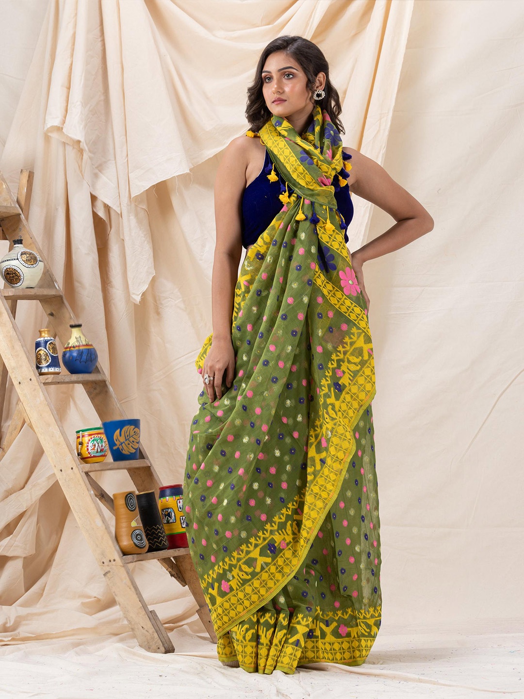 

Angoshobha Ethnic Motif Woven Design Jamdani Saree, Green