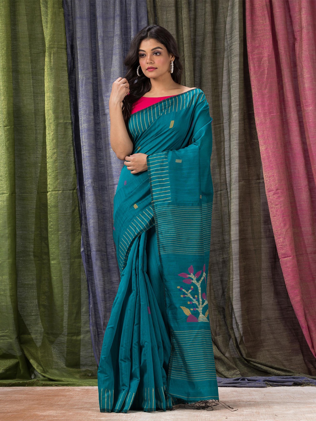 

Angoshobha Ethnic Motifs Woven Design Jamdani Saree, Teal