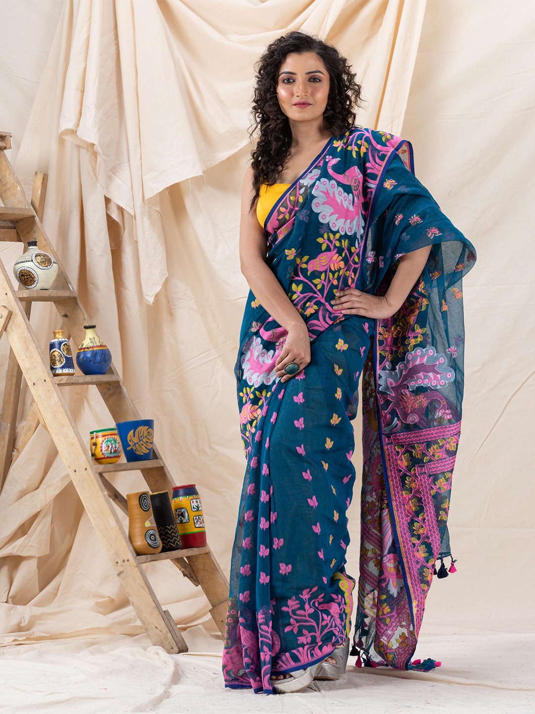 

Angoshobha Ethnic Motif Woven Design Jamdani Saree, Teal