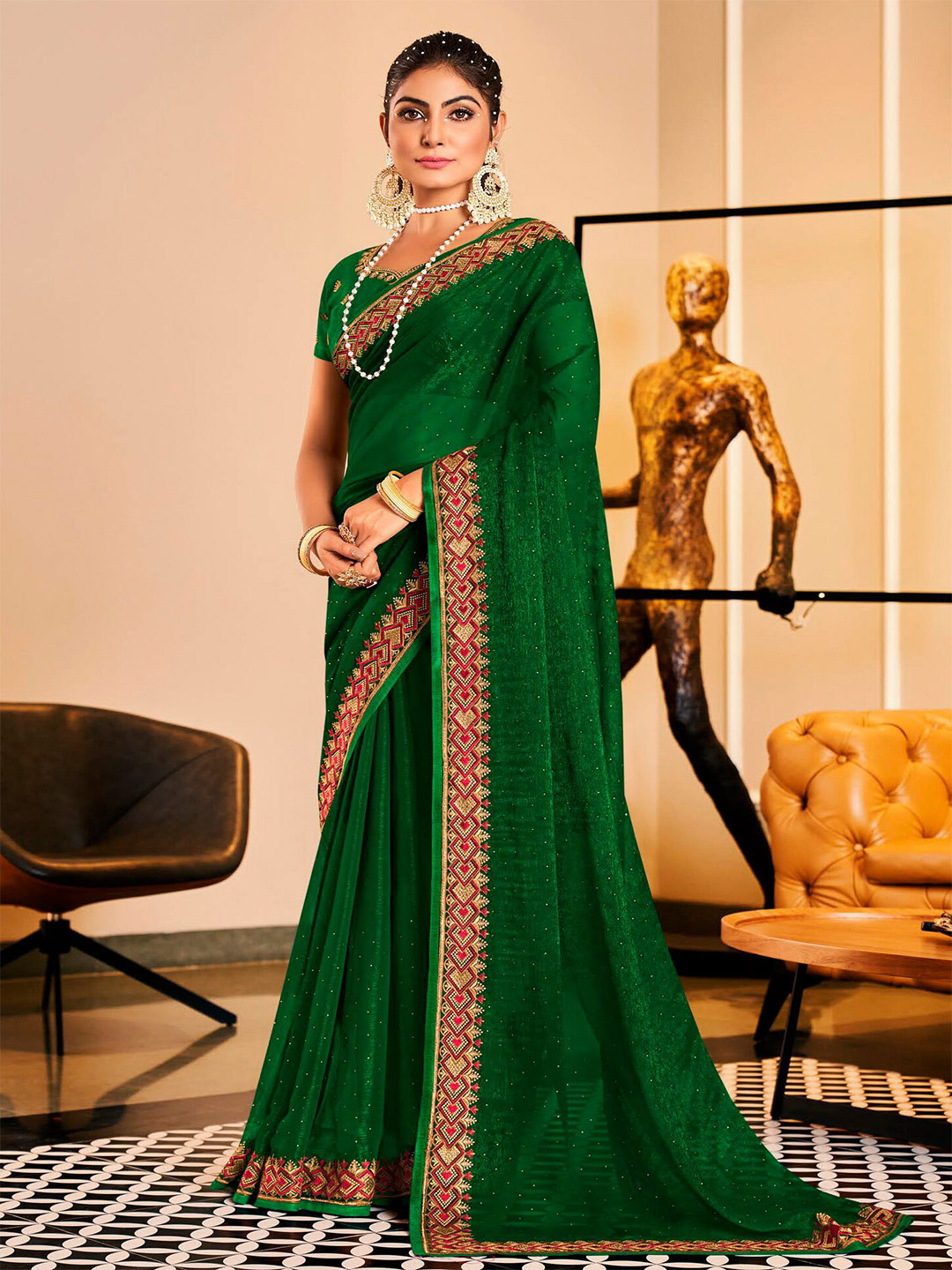

Kalista Green Embellished Beads and Stones Pure Chiffon Saree
