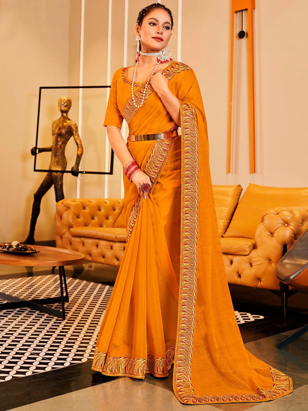 

Kalista Mustard Embellished Beads and Stones Pure Chiffon Saree