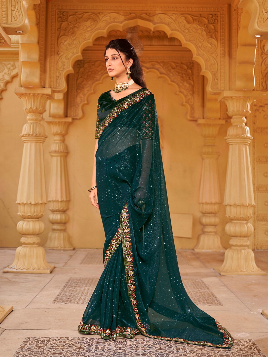 

Kalista Green Embellished Beads and Stones Pure Chiffon Saree