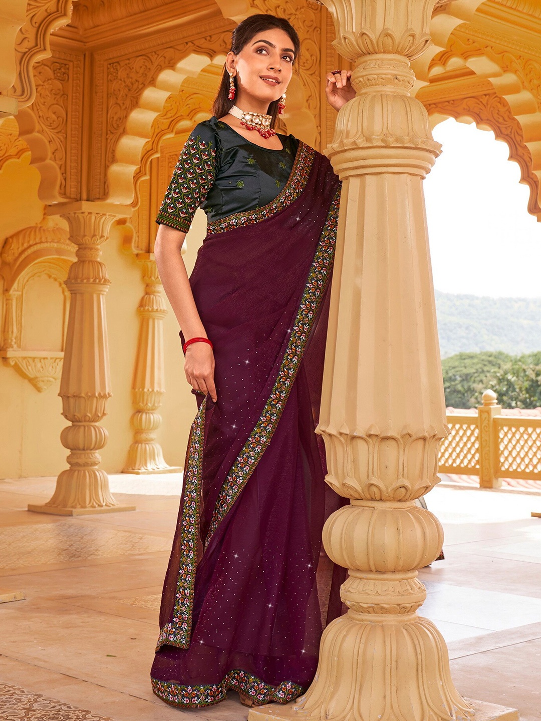 

Kalista Purple Embellished Beads and Stones Pure Chiffon Saree