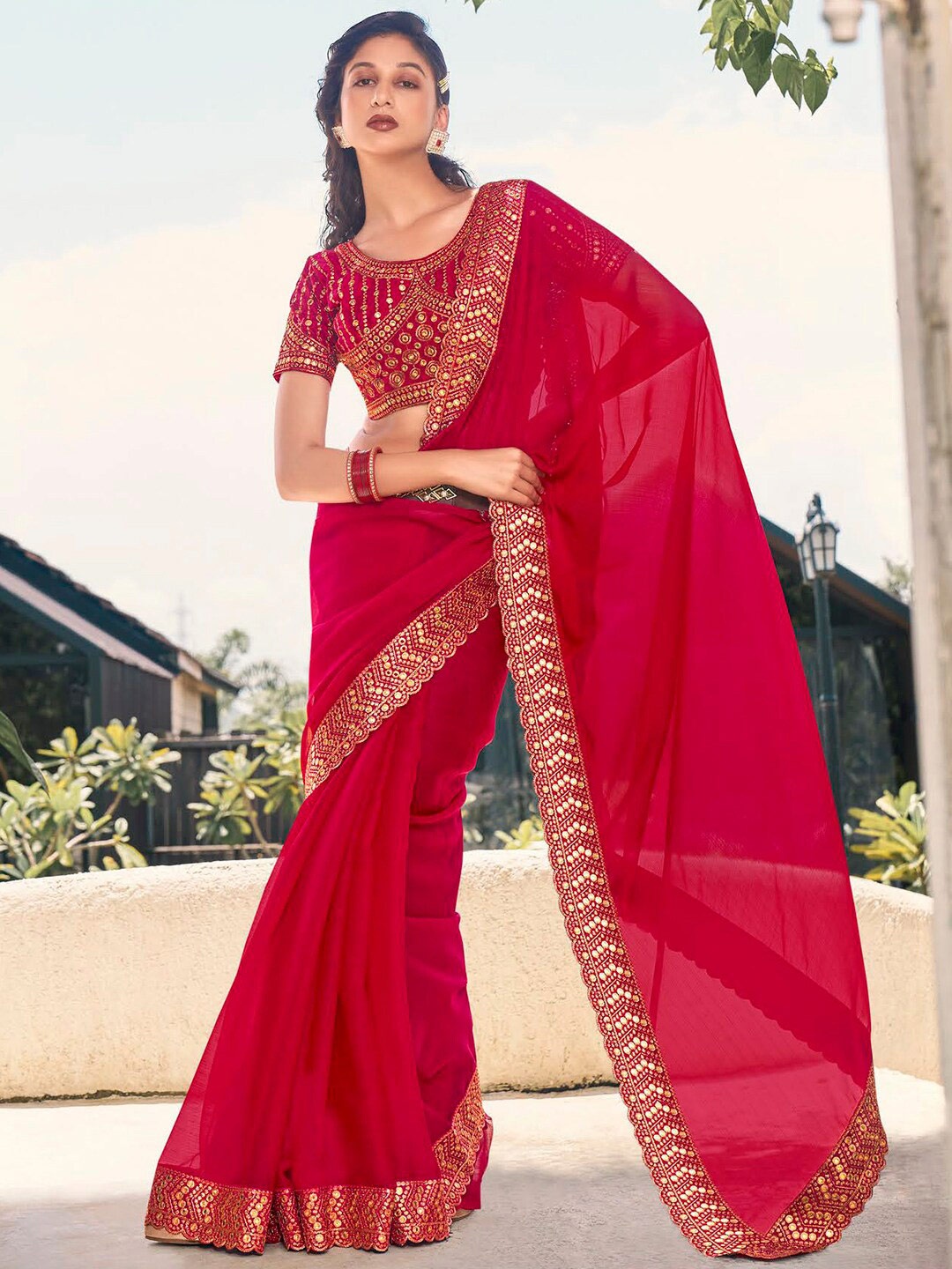 

Kalista Red Embellished Embroidered Pure Chiffon Saree