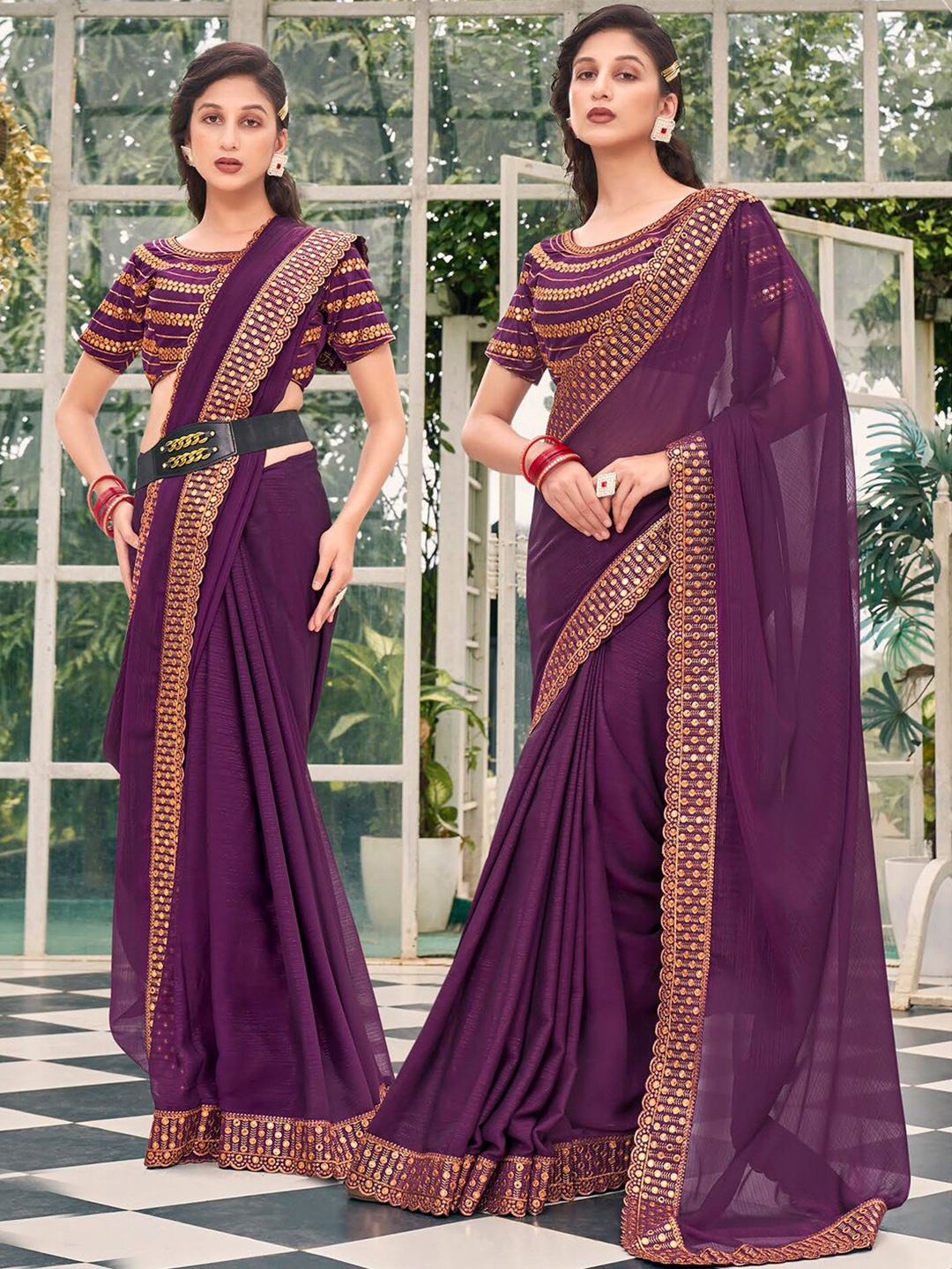 

Kalista Purple Embellished Embroidered Pure Chiffon Saree