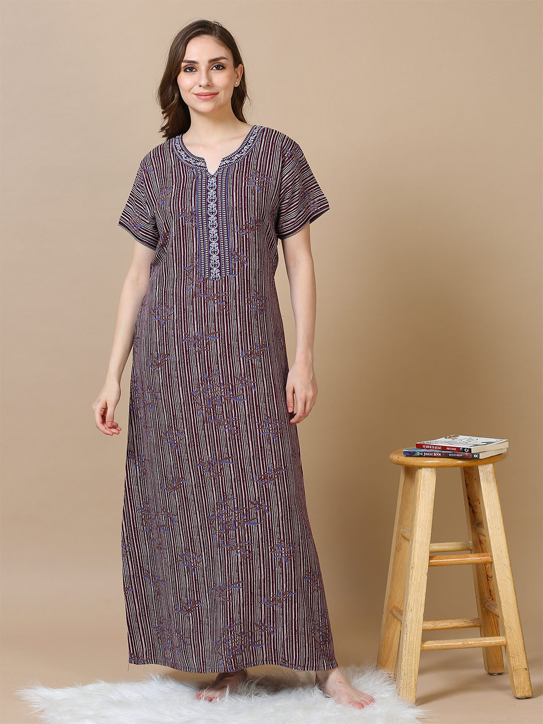

9shines Label Floral Printed Round Neck Maxi Nightdress, Maroon