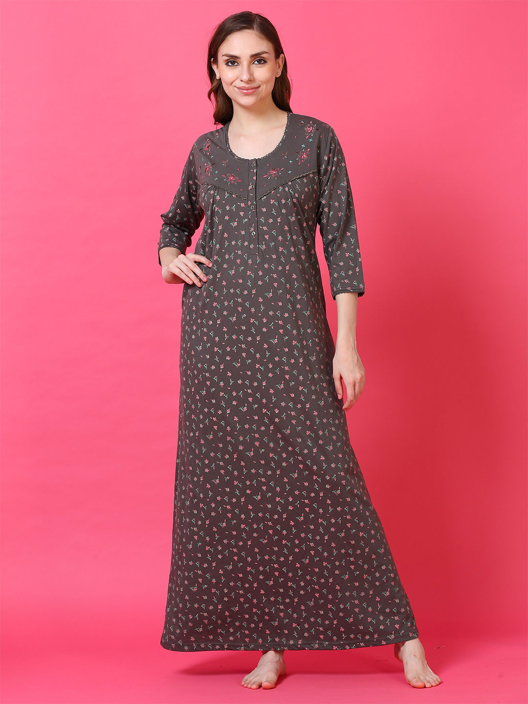

9shines Label Floral Printed Pleated Maxi Nightdress, Grey