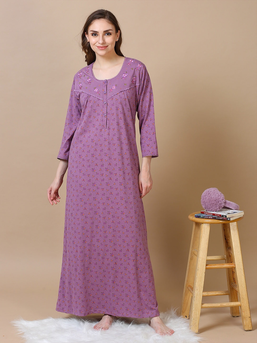 

9shines Label Floral Printed Round Neck Maxi Nightdress, Purple