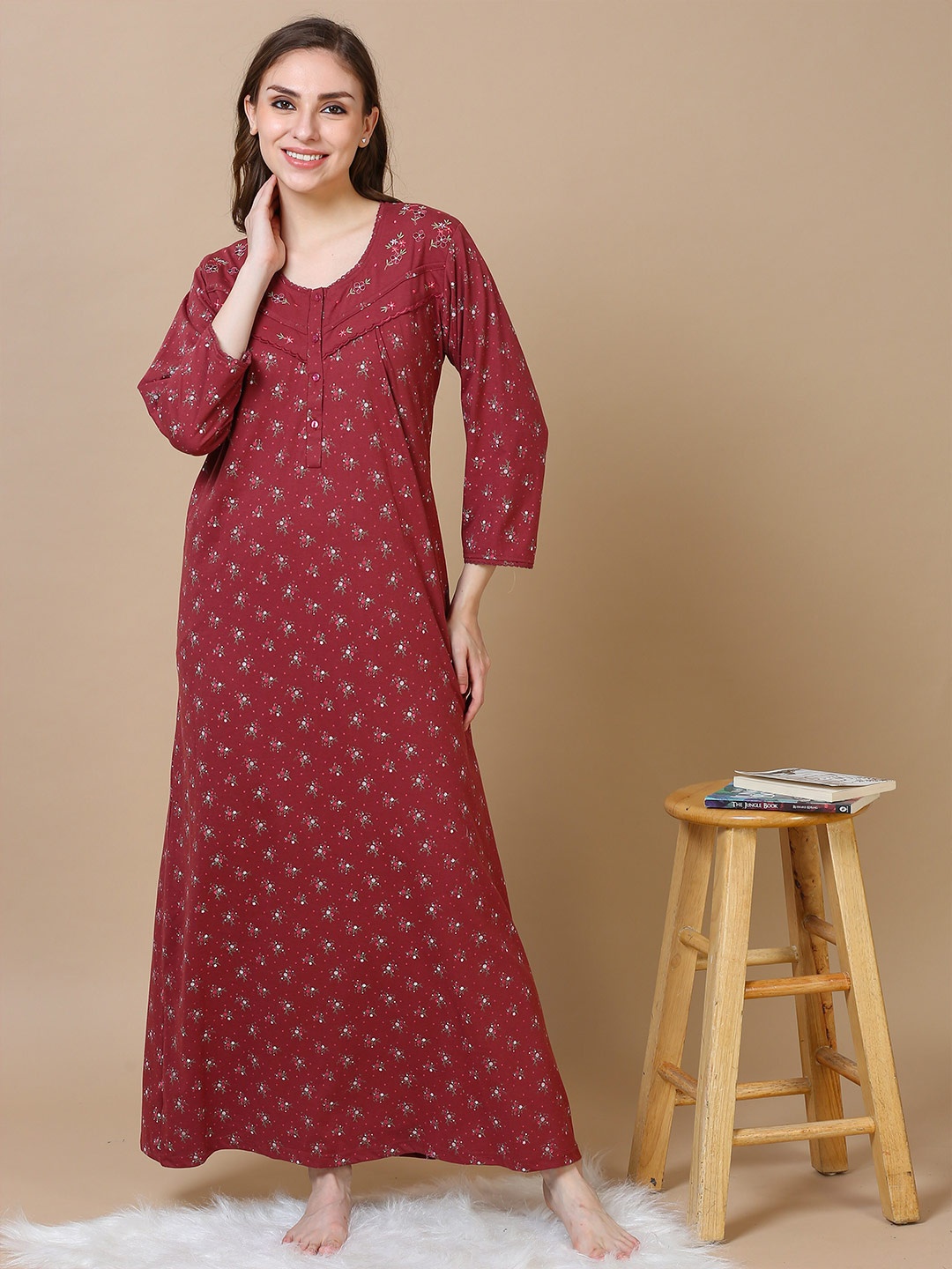 

9shines Label Floral Printed Round Neck Maxi Nightdress, Maroon