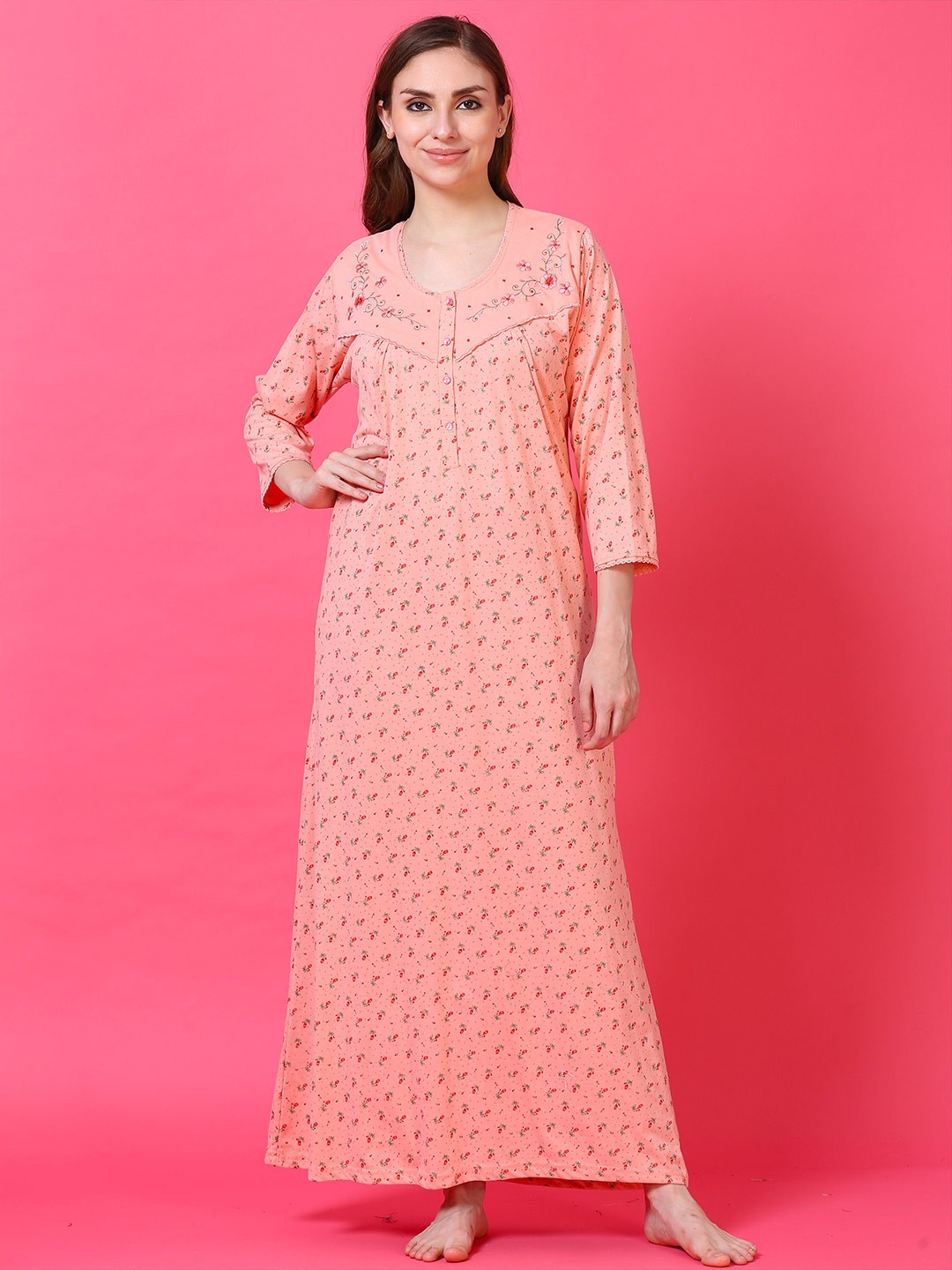 

9shines Label Floral Printed Pleated Maxi Nightdress, Peach