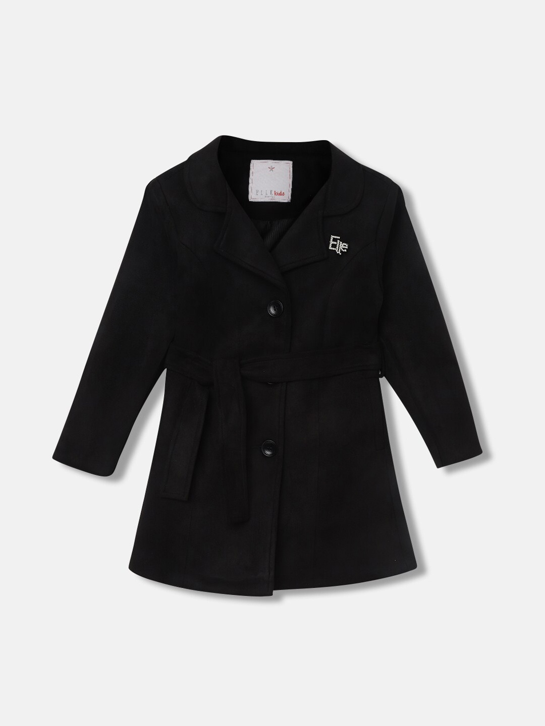 

ELLE Girls Notched-Lapel Single-Breasted Overcoat With Belt, Black