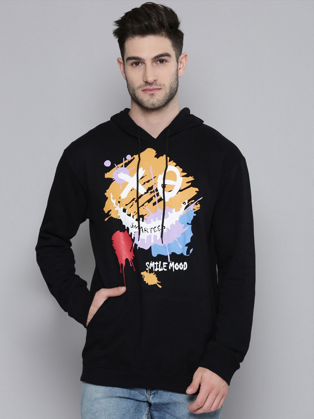 

SMARTEES Typography Printed Hooded Pullover Fleece Sweatshirt, Black