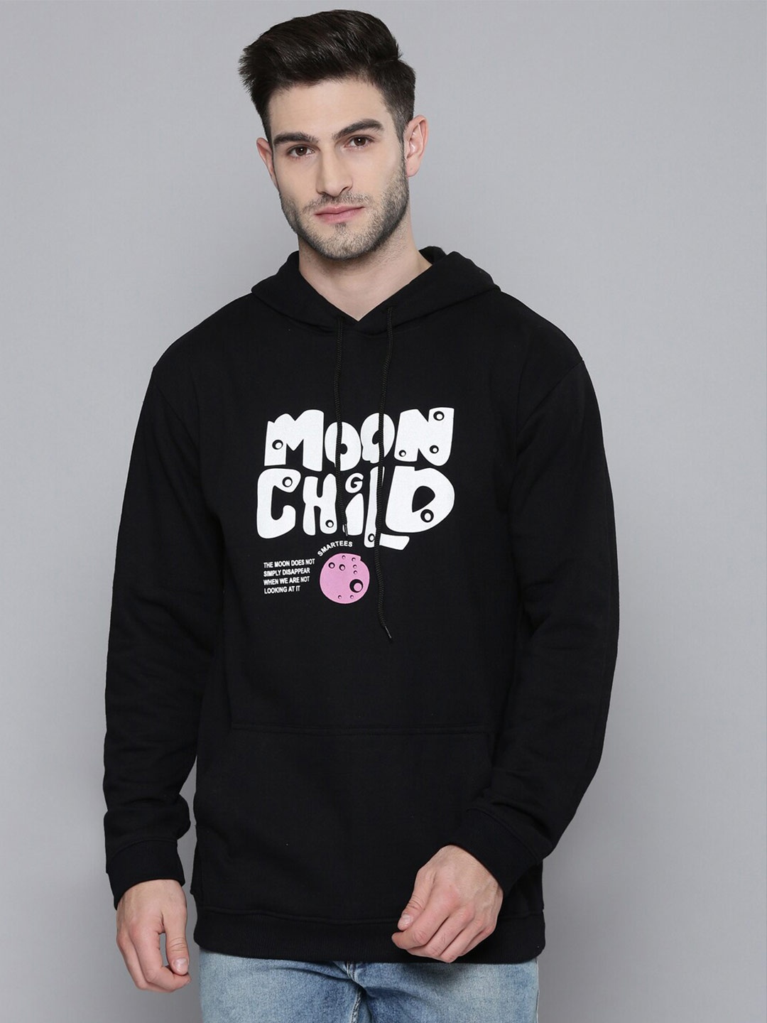 

SMARTEES Typography Printed Hooded Pullover Fleece Sweatshirt, Black