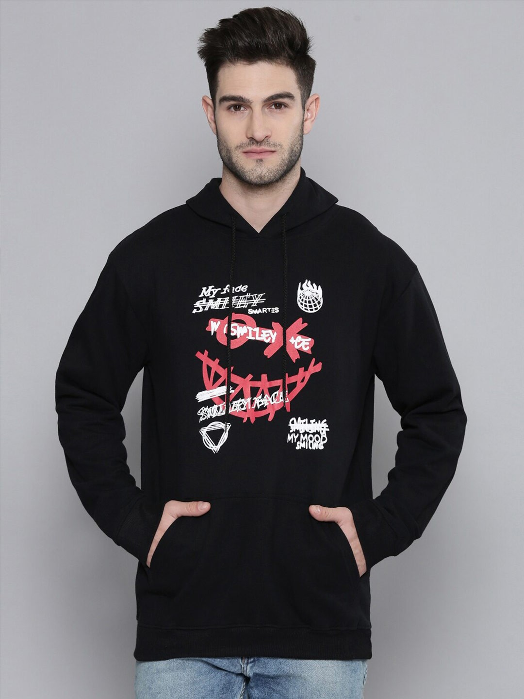 

SMARTEES Typography Printed Hooded Pullover Fleece Sweatshirt, Black