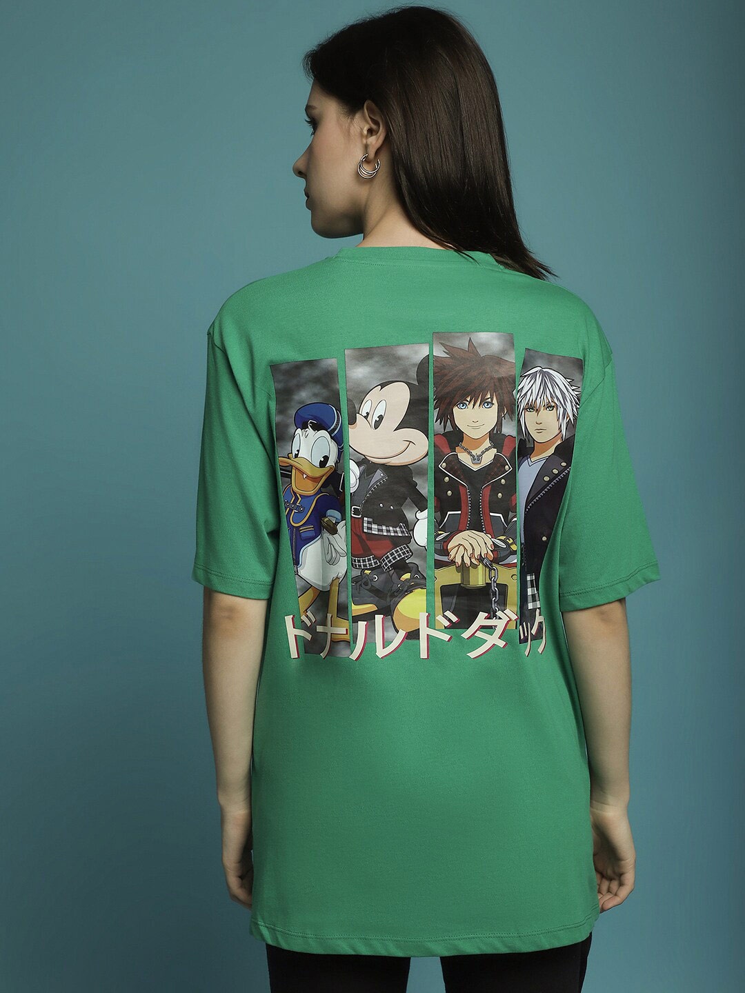 

DressBerry Green Disney Printed Drop Shoulder Sleeves Cotton Oversized T-shirt