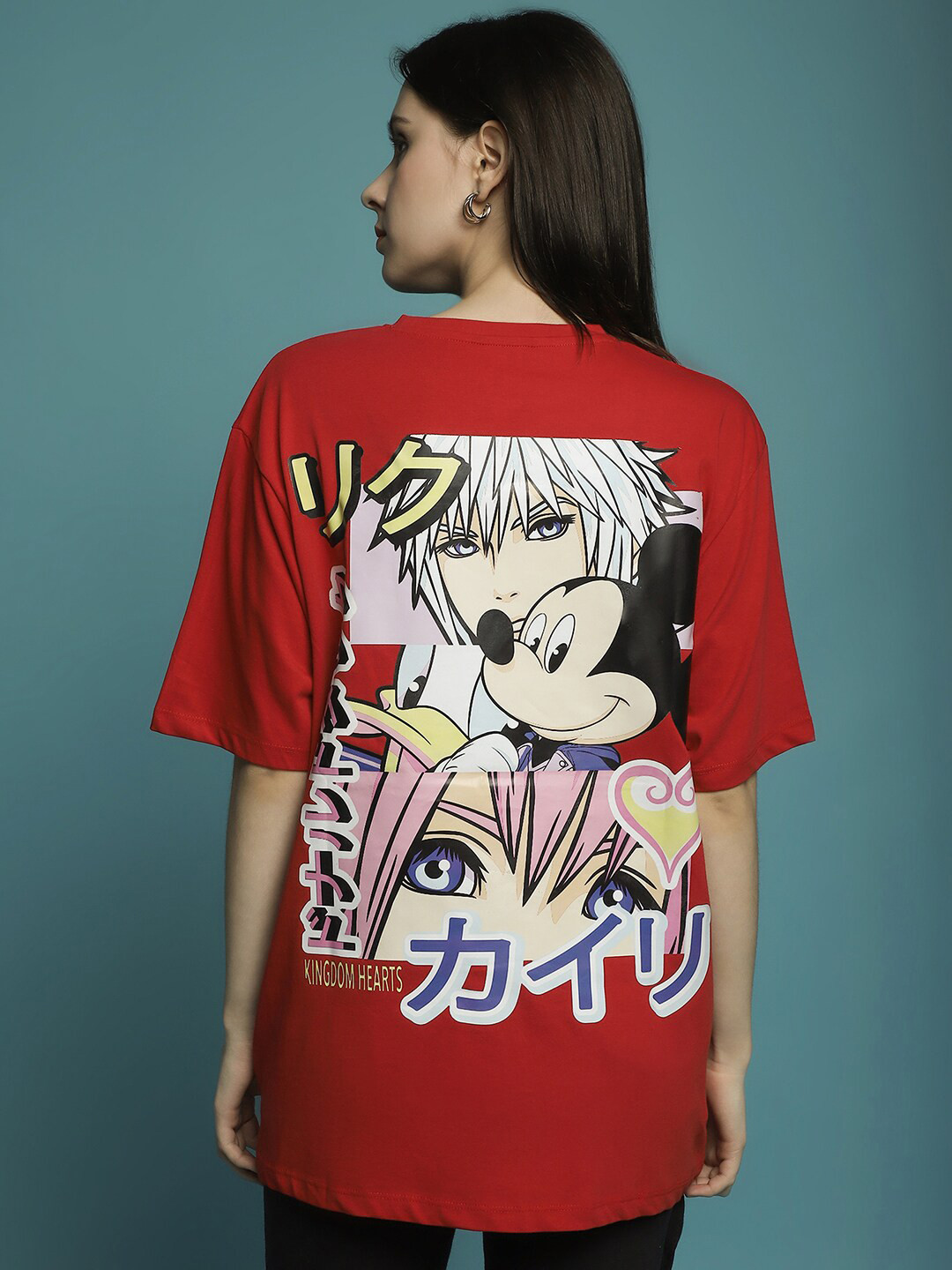 

DressBerry Red Mickey Mouse Printed Drop Shoulder Sleeves Oversized Cotton T-shirt