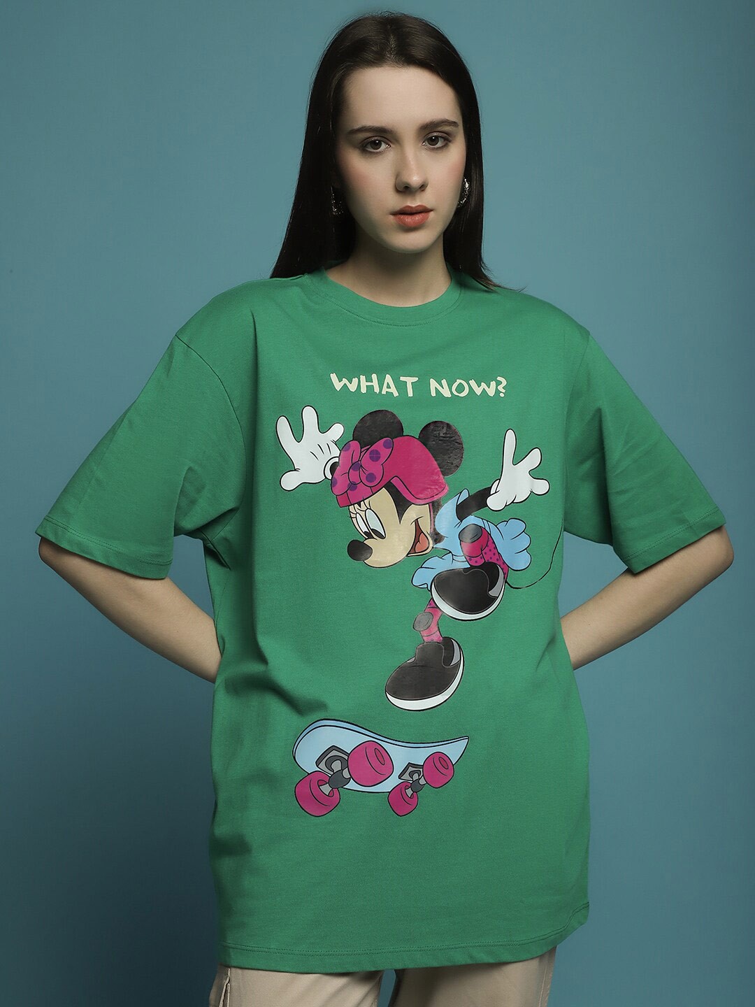 

DressBerry Green Minnie Mouse Printed Cotton Oversized T-shirt