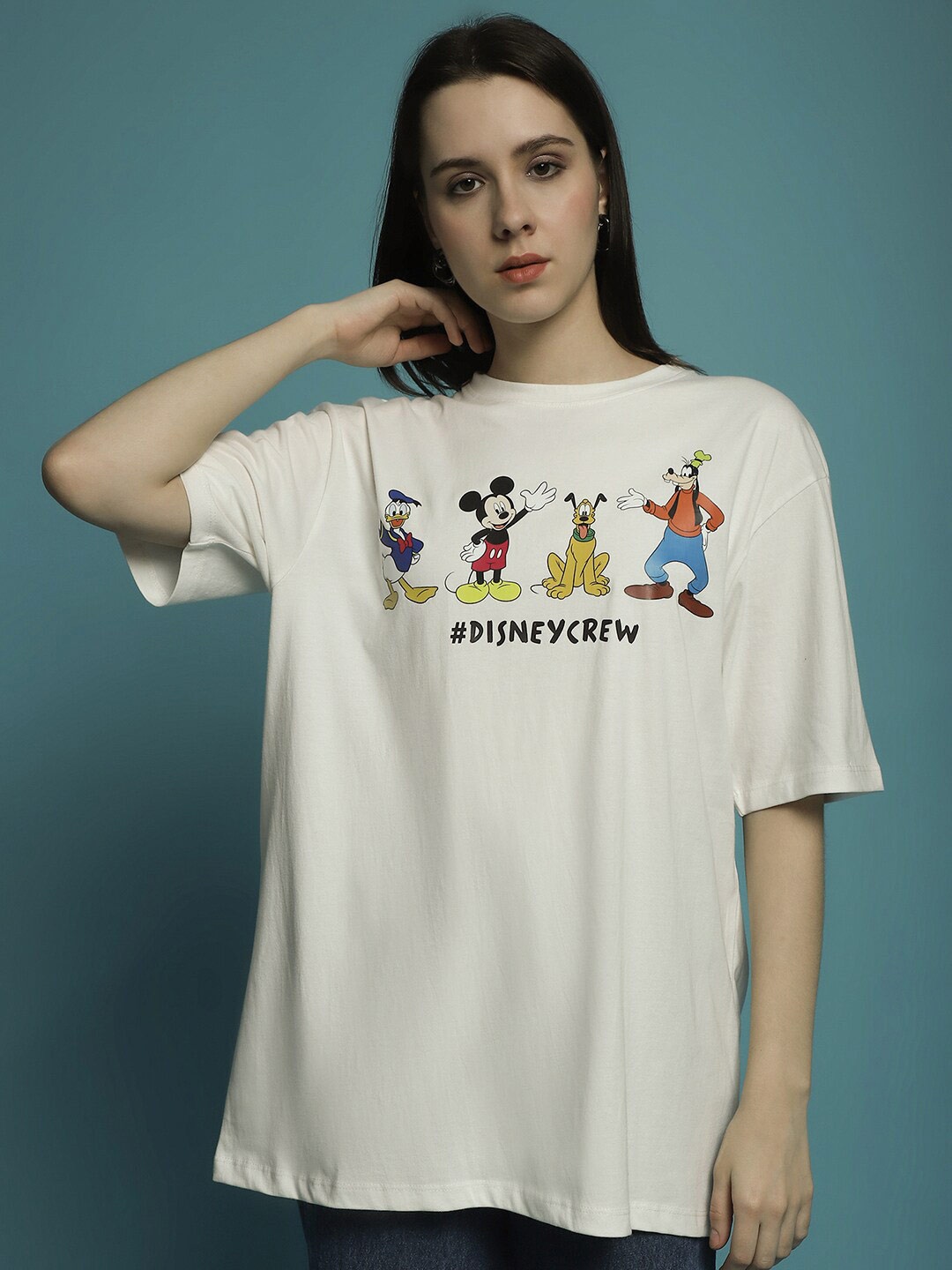 

DressBerry Off White Mickey & Friends Printed Cotton Oversized T-shirt