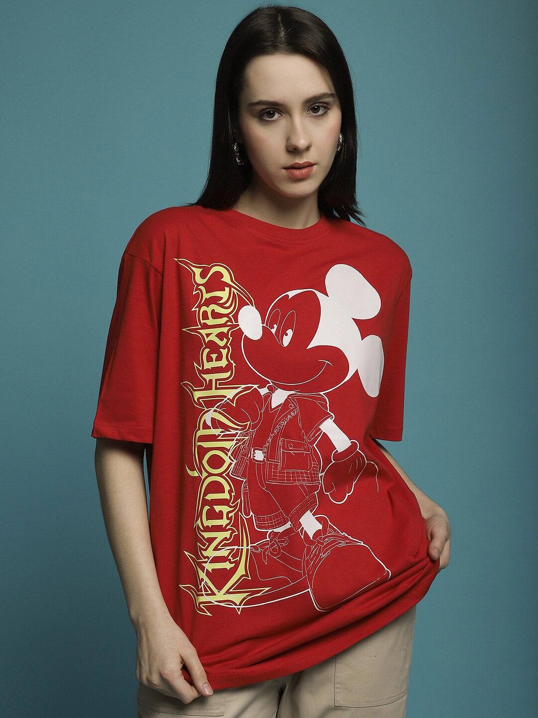 

DressBerry Red Mickey Mouse Printed Drop-Shoulder Sleeves Oversized Cotton T-shirt