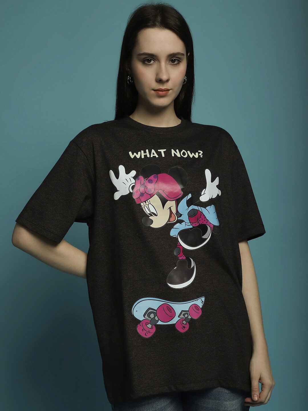 

DressBerry Charcoal Minnie Mouse Printed Cotton Oversized T-shirt