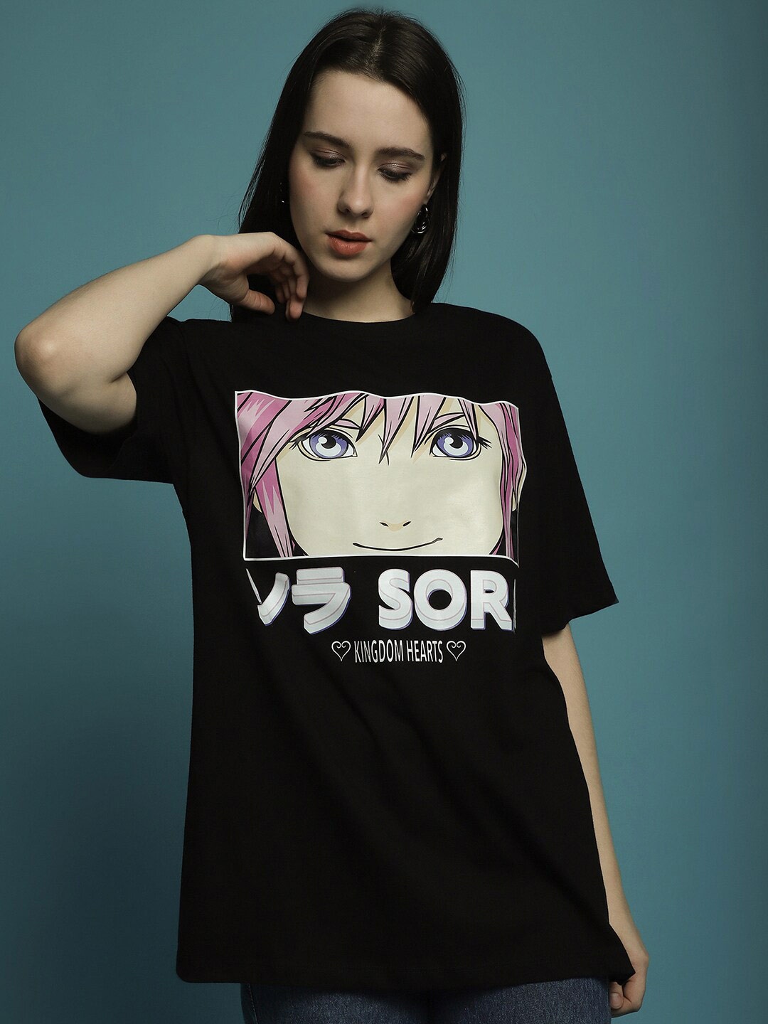 

DressBerry Black Disney Printed Drop-Shoulder Sleeves Oversized Cotton T-shirt