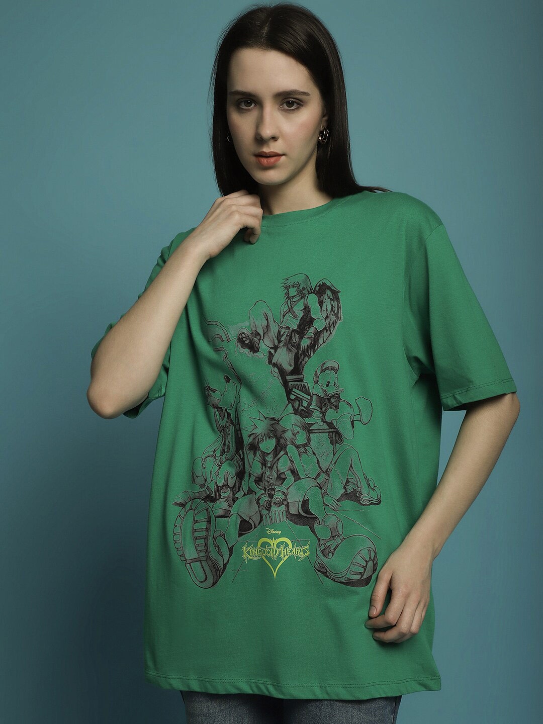 

DressBerry Green Printed Disney Printed Drop-Shoulder Sleeves Oversized Cotton T-shirt