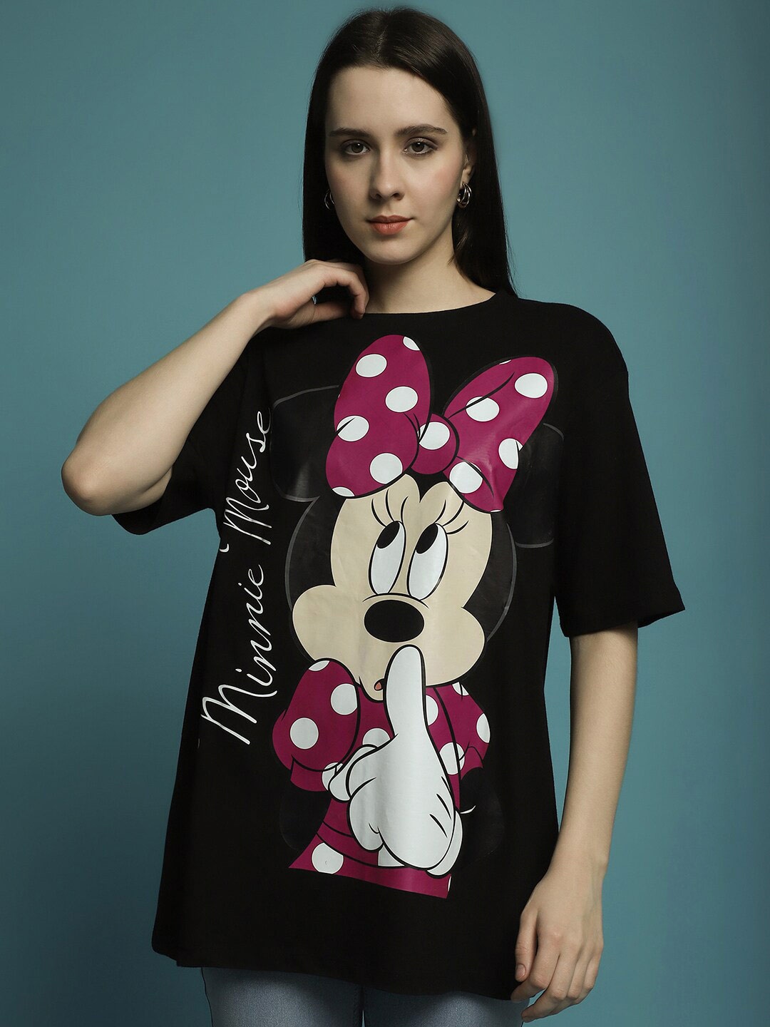 

DressBerry Black Minnie Mouse Printed Cotton Oversized T-shirt