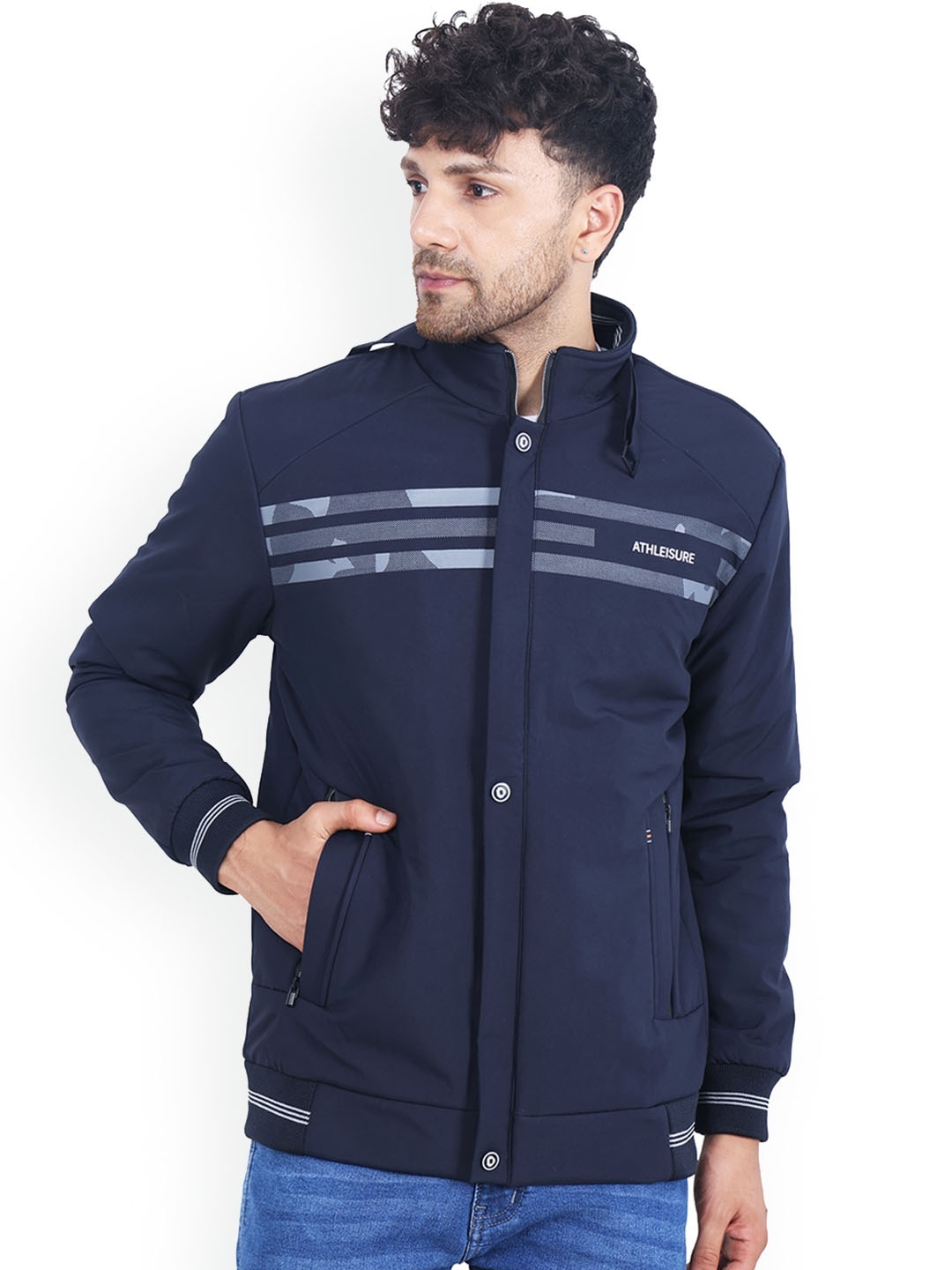 

Dollar Socks Striped Mock Collar Water Resistant Bomber Jacket, Navy blue