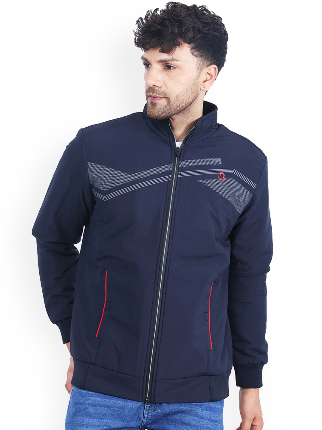 

Dollar Socks Geometric Printed Mock Collar Water Resistant Bomber Jacket, Navy blue