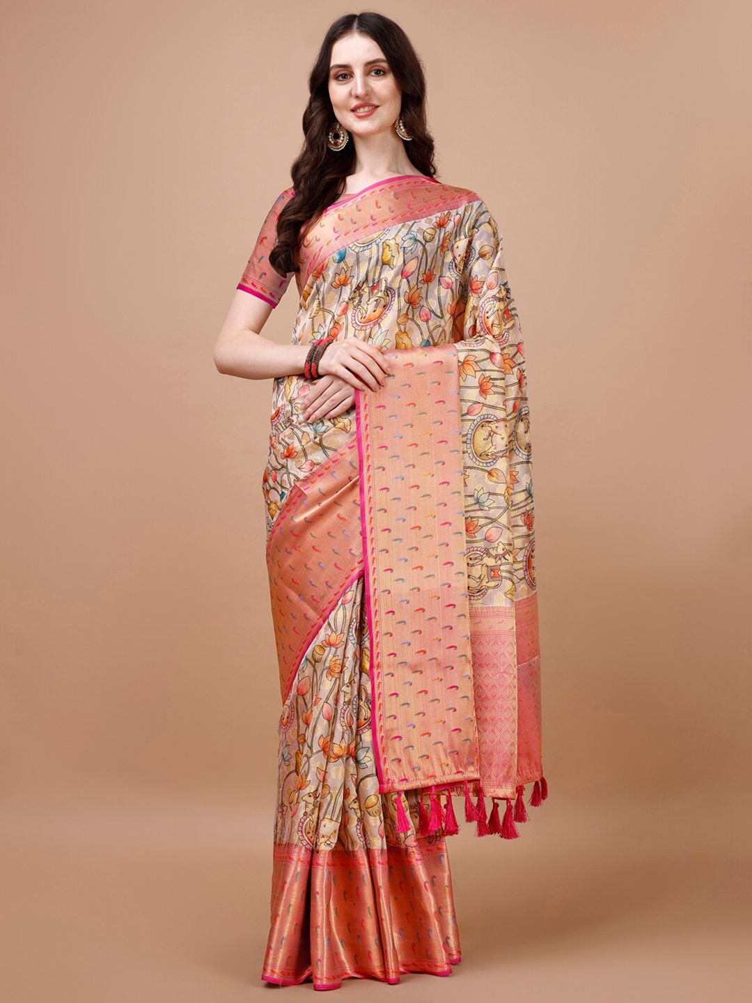 

JUST FASHION Kalamkari Zari Silk Blend Muga Saree, Beige