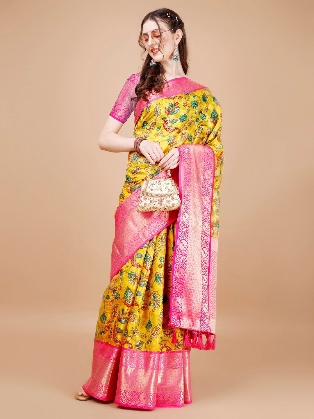 

JUST FASHION Floral Printed Zari Silk Blend Muga Saree, Yellow