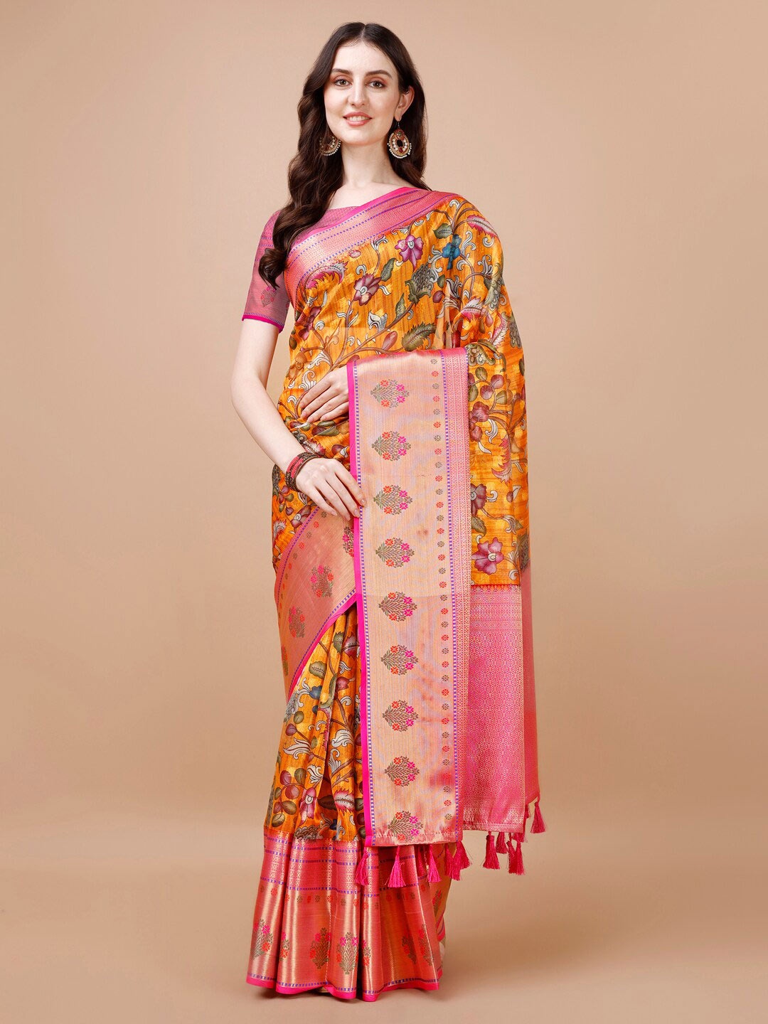 

JUST FASHION Floral Printed Zari Silk Blend Muga Saree, Orange