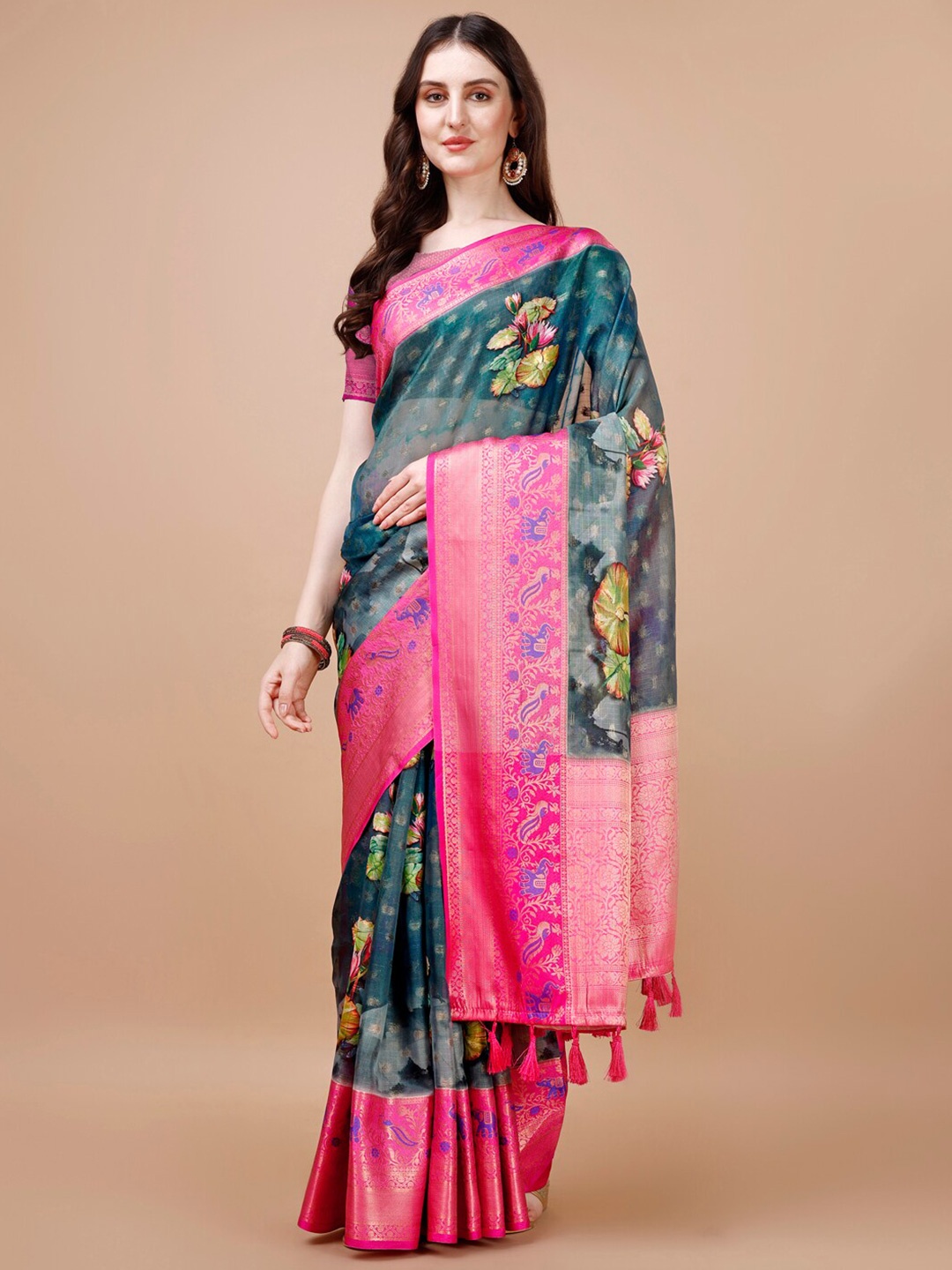 

JUST FASHION Floral Printed Zari Silk Blend Muga Saree, Teal