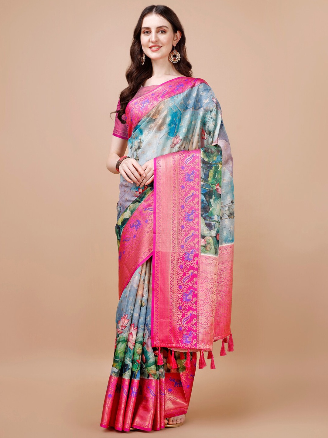 

JUST FASHION Floral Printed Zari Silk Blend Muga Saree, Blue