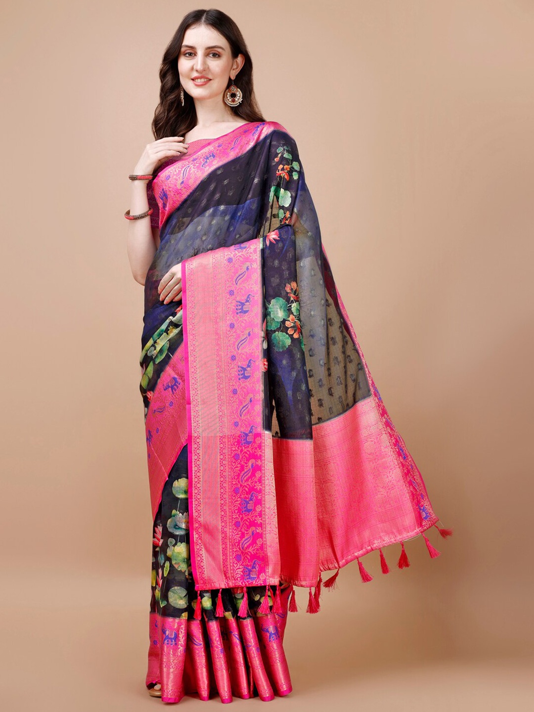 

JUST FASHION Floral Printed Zari Silk Blend Muga Saree, Navy blue