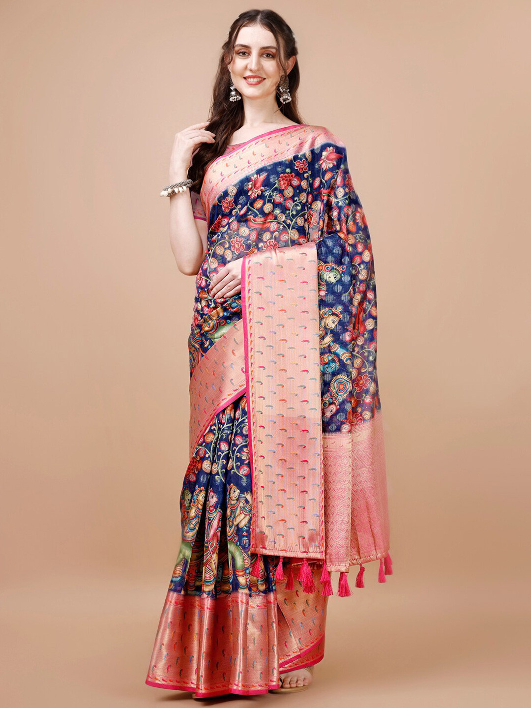 

JUST FASHION Kalamkari Printed Zari Silk Blend Muga Saree, Navy blue