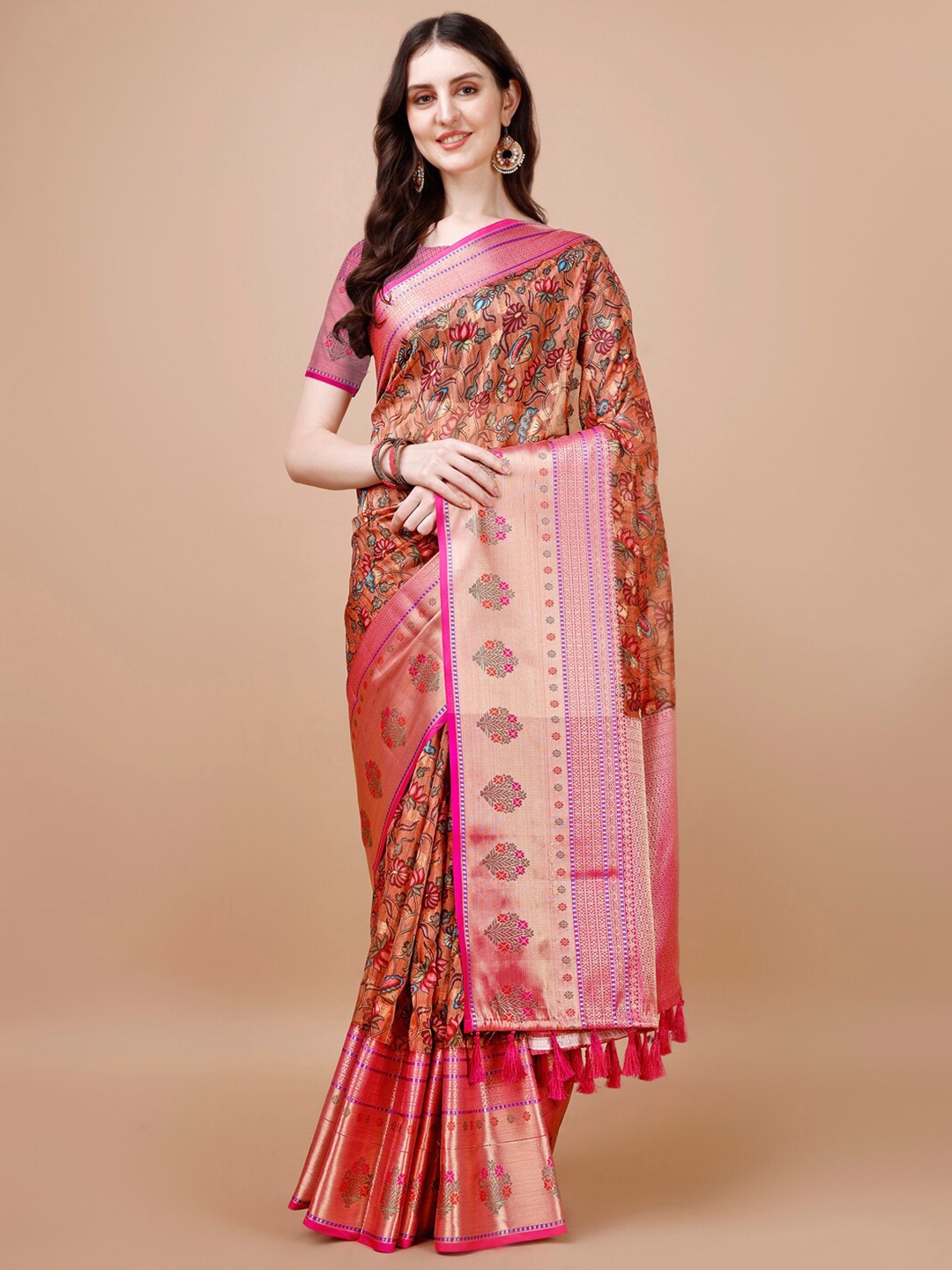 

JUST FASHION Floral Printed Zari Silk Blend Muga Saree, Rust