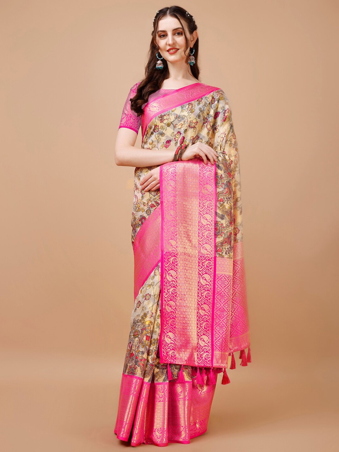 

JUST FASHION Floral Printed Zari Silk Blend Muga Saree, Beige