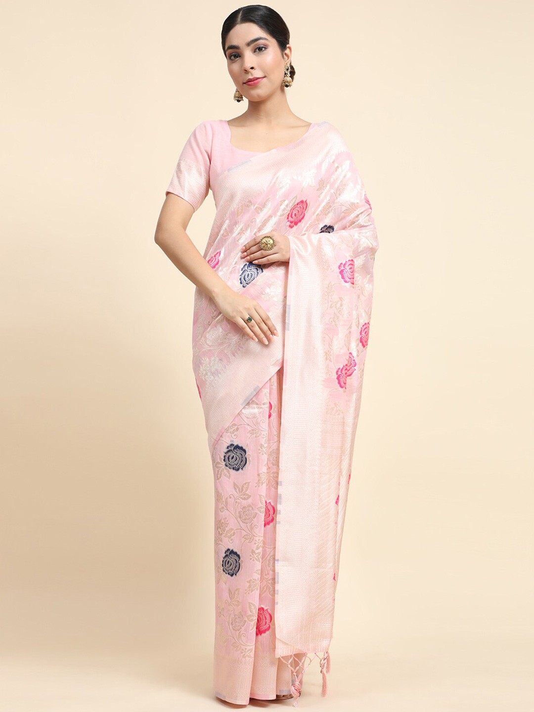 

VANAKARA Floral Zari Linen Blend Banarasi Saree, Pink